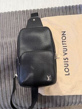 Louis Vuitton Black Leather Sling Belt Bag with Silver LV Emblem